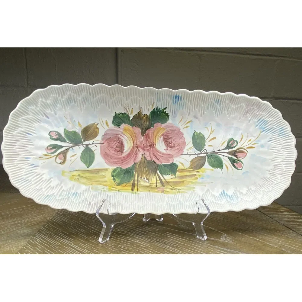Vintage Italy Rose Painted Tray Ceramic Serving Dish Oblong Textured Cottagecore